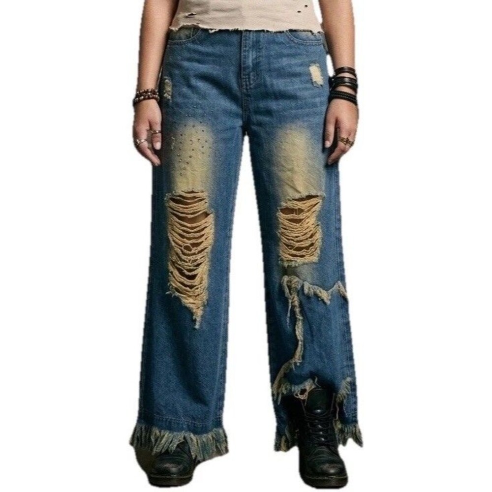 Aelfric Eden Baggy Distressed Fringe Jeans Rhinestone Star Size 27 Y2K